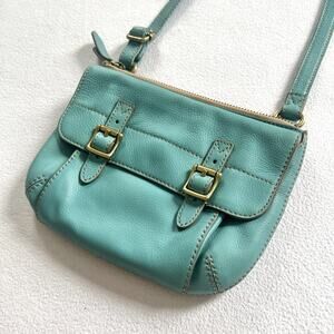 Fossil Tate Zip Top Teal Turquoise Blue Pebble Leather Buckle Flap Crossbody Bag